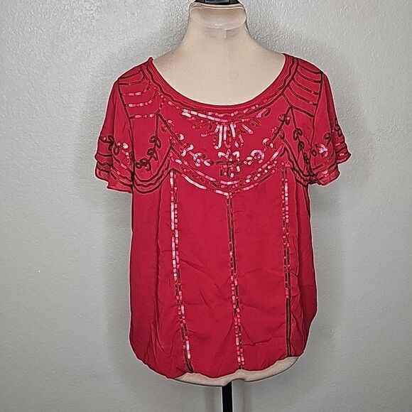 MSSP Red Sequin Blouson Flutter Sleeve top Large - Picture 1 of 8